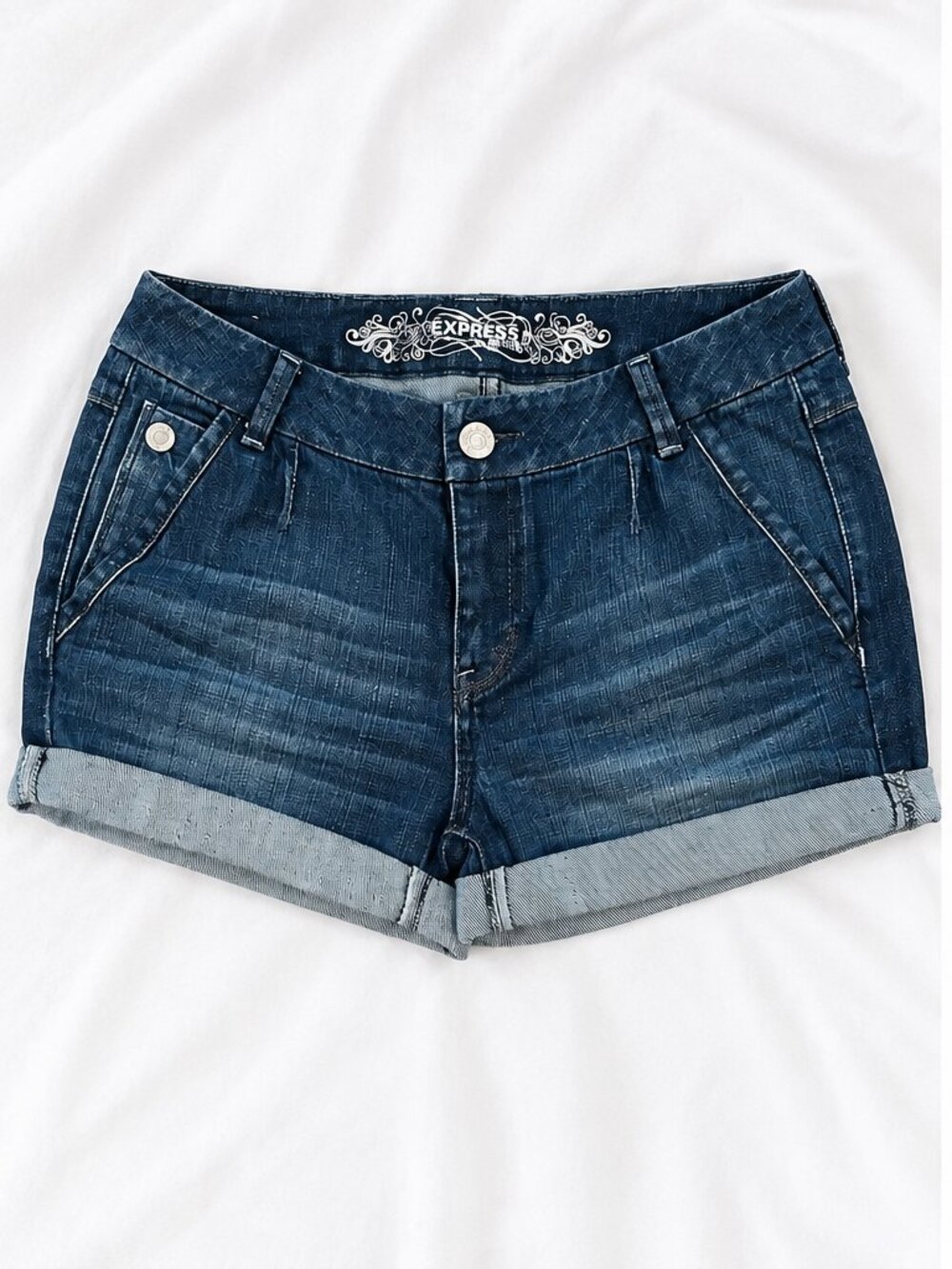 Express Dark Wash Denim Cuffed Shorts Embroidered Pockets